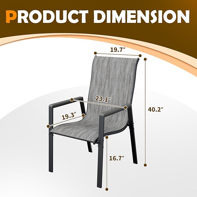 UDPATIO Patio Chairs Set of 6, Outdoor Stackable Dining Chairs with All Weather Breathable Textilene, High Back Metal Frame for Lawn Garden Backyard Deck, Grey White