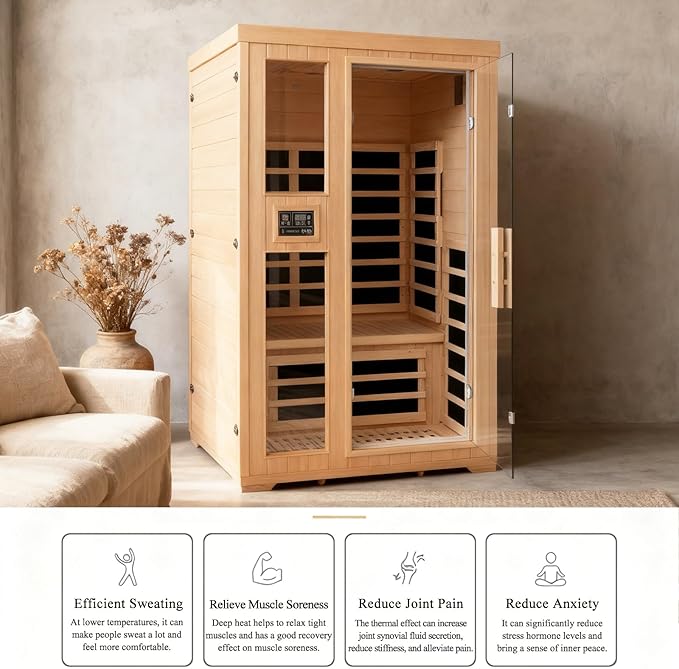 Homsido 2-Person Low EMF Far Infrared Sauna for Home,Canadian Hemlock Wood with Red Light Therapy,Bluetooth Speakers,Chromotherapy Lights,1850W Heater,Tempered Glass Door&LCD Control Panel