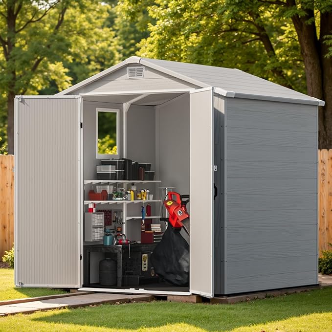 Patiowell 6 x 6 FT Outdoor Storage Shed with Lockable Door & Floor - Resin Garden Tool Shed with Window, Waterproof Easy Assembly for Backyard, Lawn Equipment, Patio Furniture Storage (Light Grey)