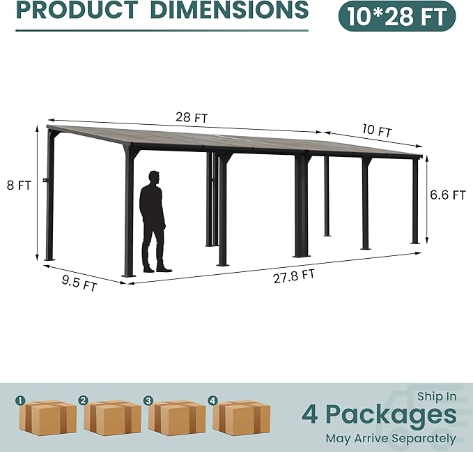 10 * 28FT Pergola,Outdoor Gazebo,Hardtop Lean to Gazebo,Wall Mounted Pergola,Pergolas Gazebos Clearance,Aluminum Frame Pergola,UV Resistant Patio Roof,Patio Awnings for Porch,Lawn,Backyard