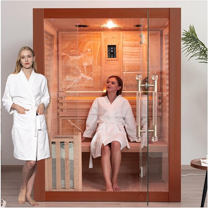 Smartmak Wood Home Steam Sauna, 2 or 3 Person Canadian Red Cedar Traditional Luxurious Wooden Indoor Spa Room, with 3.5 kw Heater, Bluetooth Speaker, Rocks, Water Bucket, Spoon, Lights
