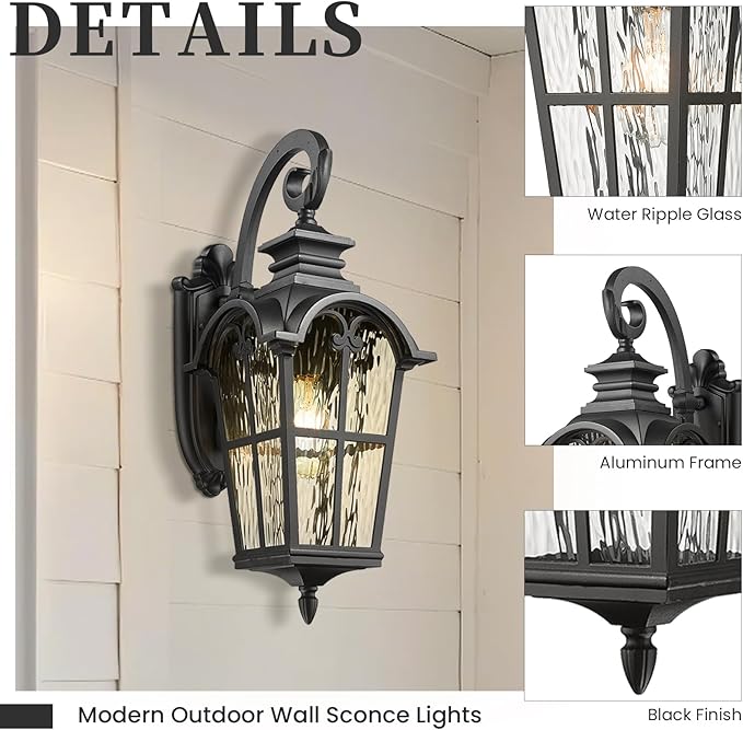 Outdoor Wall Sconce Light Exterior Lighting Fixtures in Black Finish 31 Inch Height Large Size Outdoor Wall Lights with Water Ripple Glass E26 Socket Waterproof