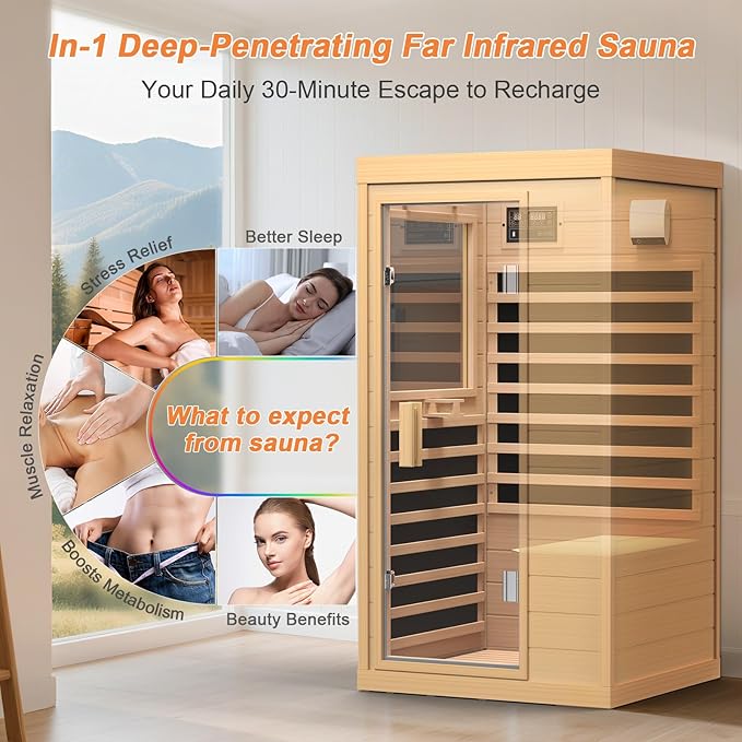 Upgraded Backrest 1 Person Sauna Infrared Sauna with Red Light Therapy, Dry Sauna Indoor Wood Sauna for Home, Hemlock Low EMF Far Infrared Sauna with Integrated Speakers, Reading Lamp