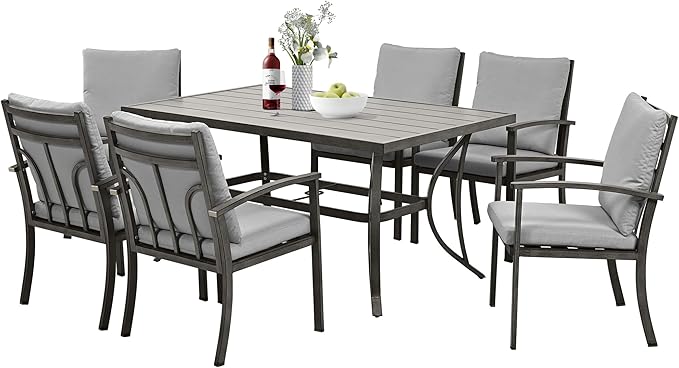 HAPPATIO 7-Piece Outdoor Dining Set - All Aluminum Patio Table and Chairs Set for 6 Includes 1 Rectangular Dining Table and 6 Dining Chairs with Cushions, Patio Dining Set for Lawn, Garden, Backyard