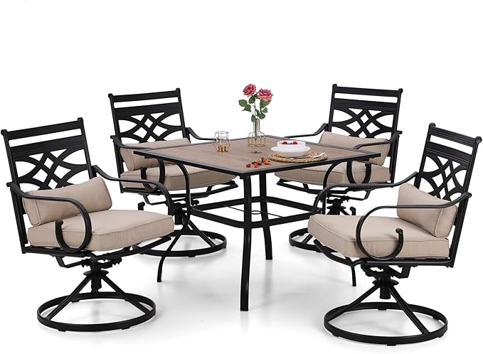 Sophia & William Swivel Patio Dining Set for 4, Outdoor Table and Chairs, Removable Seat Cushions, 37" Black Frame & Wood-Like Tabletop