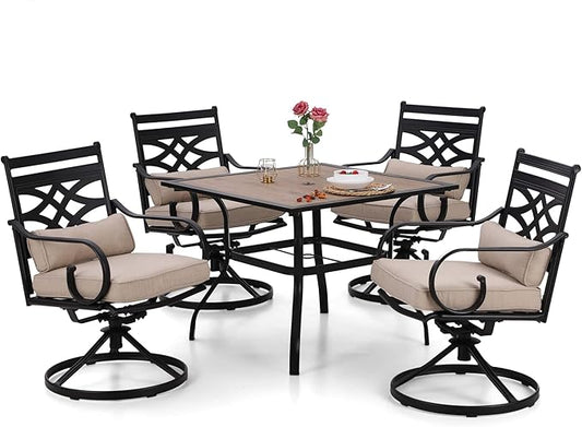 Sophia & William Swivel Patio Dining Set for 4, Outdoor Table and Chairs, Removable Seat Cushions, 37" Black Frame & Wood-Like Tabletop