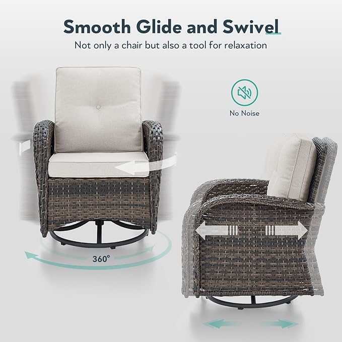 Outdoor Swivel Glider Rocker Chairs - 3 Piece Patio Furniture Set, Patio Bistro Sets with Tempered Glass Side Table, for Balcony, Porch - Brown Wicker, Beige Cushion