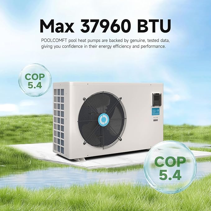 Swimming Pool Heat Pump, Pool Heater for In-Ground and Above Ground Pools, Max Output 37960BTU, Electric Heater Pump for Pools, Inverter Heating System, 208~230V/60Hz