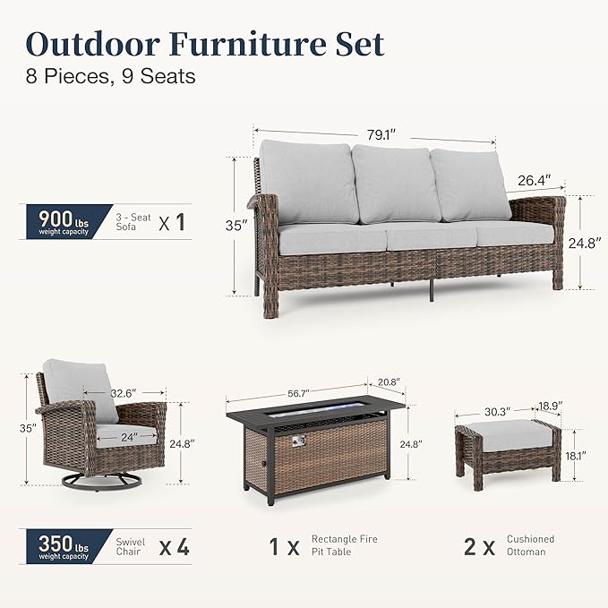 Patio Furniture Set with Swivel Chairs, High Back Wicker Rattan Set with 5.5" Thick Cushions, Fire Pit Table and Ottomans, All Weather Outdoor Conversation Set for Backyard Deck,9 Seats, Light Grey