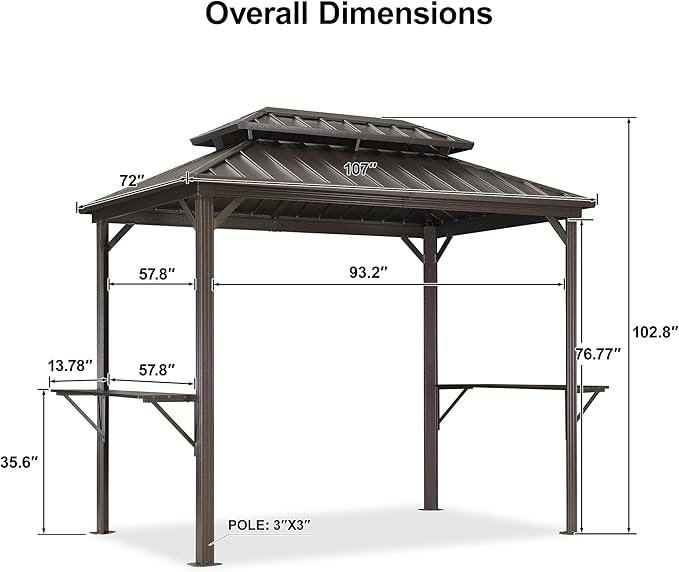 PURPLE LEAF 6' X 9' Hardtop Grill Gazebo for Patio Permanent Metal Roof with 2 Side Shelves Deck Yard Tent Aluminum Garden Outside Sun Shade Outdoor BBQ Canopy