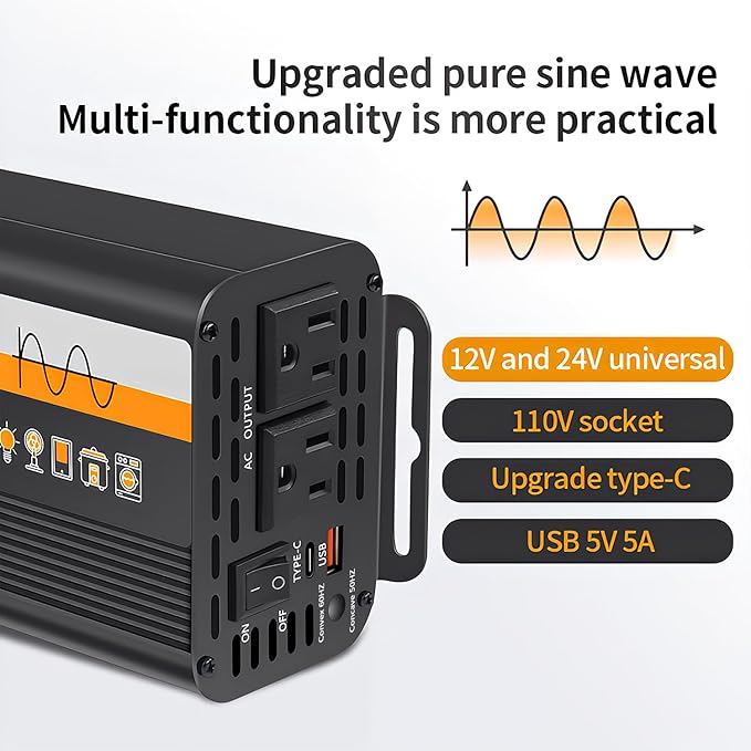 500W Pure Sine Wave Inverter (1000W Peak), 12V/24V Auto-Detect, 50Hz/60Hz Switchable, LCD Display, Type-C Fast Charging, Silent Design, Overload & Overheat Protection for RV, Home (Black-500W)