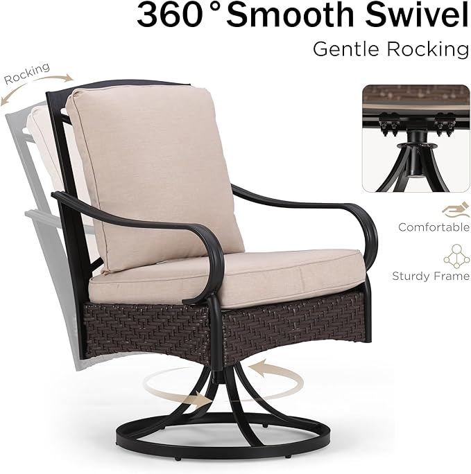 PHI VILLA 7-Piece Outdoor Dining Set, Heavy Duty Patio Table and Chairs Set with Umbrella Hole for 6, 64" Rectangular Patio Woodgrain Metal Table & Swivel Chairs with Cushions