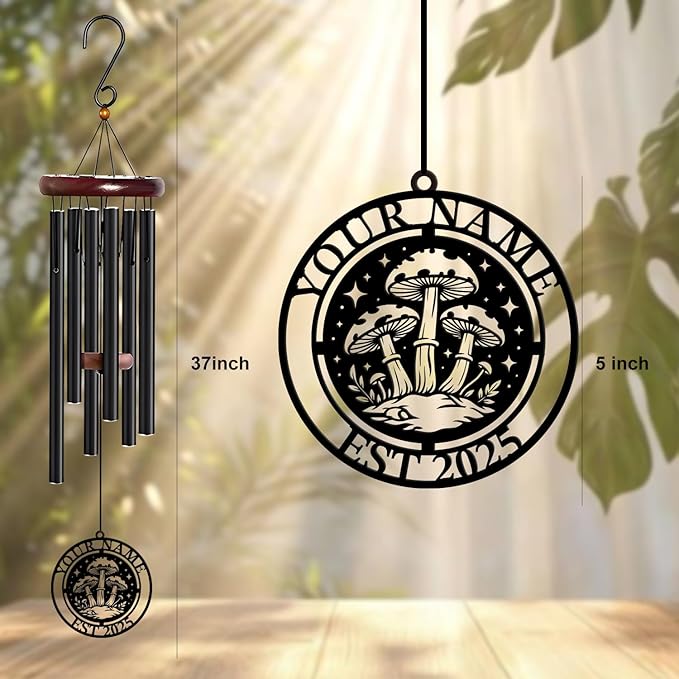 Personalized Customize Name Fantasy Mushroom Wonderland Wind Chime, Metal Iron 37 Inch Outdoor Memorial Gift for Garden Yard Patio Home Decor, Black (Style G)