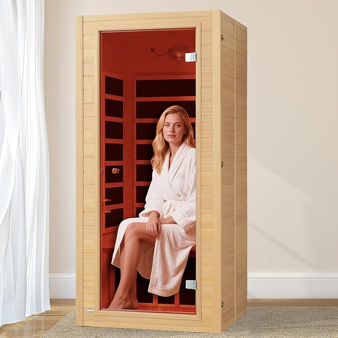 Real Relax Infrared Home Sauna, 1 Person Canadian Hemlock Wood Indoor Dry Saunas with Red Low Emf Light Therapy, Bluetooth Speakers, 9-Color Chromotherapy Lights, 110v for Personal Spa