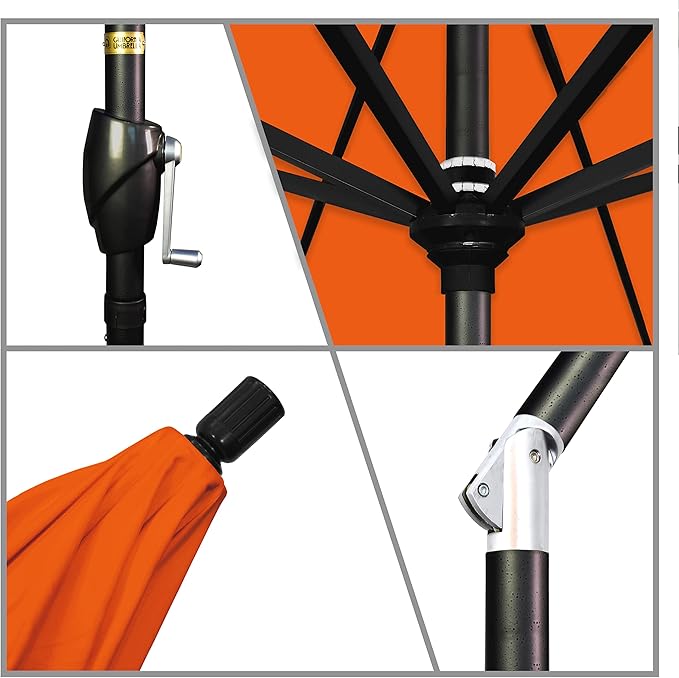 California Umbrella 9' Rd Pacific Trail Series Aluminum Patio Umbrella, Crank Lift, Push Button Tilt, Black Finish, Sunbrella Tangerine Fabric