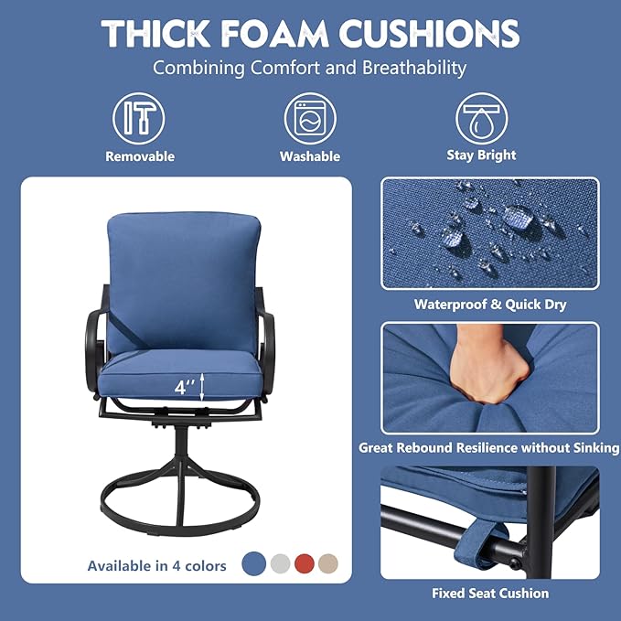 MELLCOM Patio Swivel Chair Set of 6, Heavy Duty Outdoor Dining Chairs with Thickened Cushions, Metal Patio Chairs Gentle Rocker for Outside, Blue