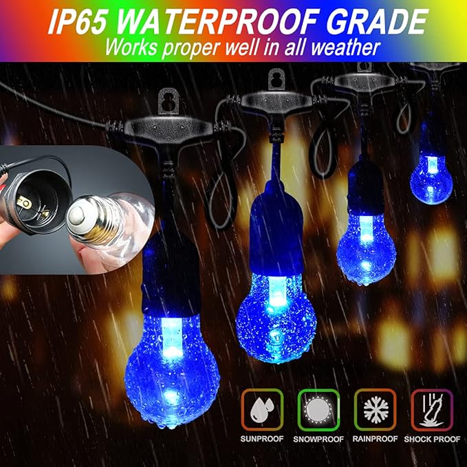 96FT Outdoor String Lights, 30 Shatterproof Edison Bulbs, Dimmable Color Changing RGB LED Patio Lights with 2 Remote Controllers. Perfect for Backyard Decorative Lighting