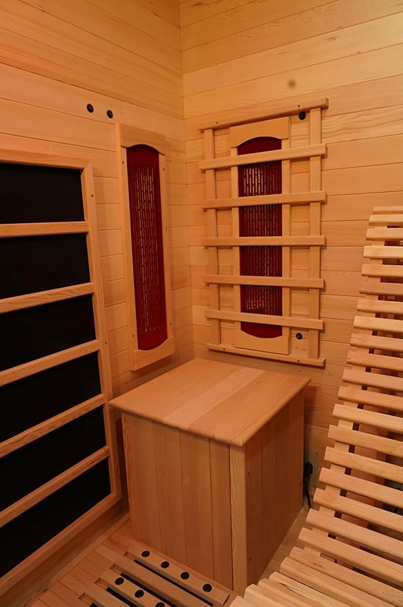 ZONEMEL 1 to 2 Person Infrared Sauna Room, Canadian Hemlock Wood Sauna with Recliner, Tempered Glass Door, 220V, 2300W, 4 Full Spectrum Heating Tubes, 4 Carbon Crystal Heating Panel, Oxygen Bar