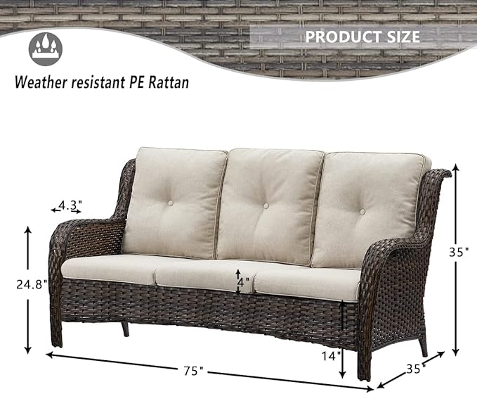 HUMMUH 3-Seat Outdoor Wicker Sofa PE Rattan Patio Couch with Cushions,Deep Seat High Curved Back Armset Patio Sofa