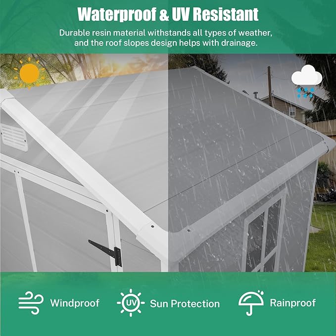 Seizeen 6x4.4ft Resin Shed with Floor, Waterproof Outdoor Plastic Shed w/Lockable Doors, Window & Vents, Outdoor Storage Shed for Storing Lawn Mower, Patio Furniture, Tools, Bike (Light Gray)