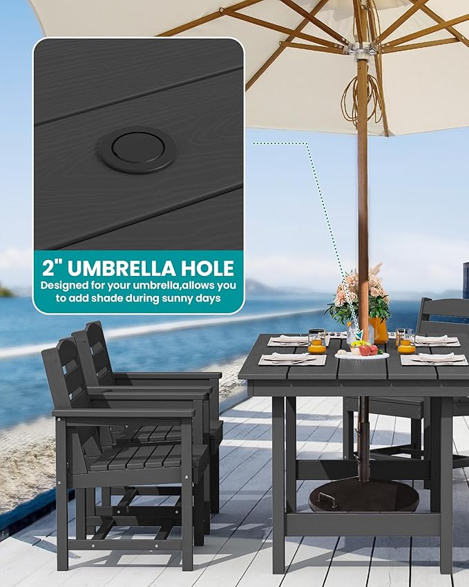 SERWALL Outdoor Dining Set for 6, HDPE Outdoor Furniture with Umbrella Hole & 1 Cushioned Bench & 4 Outdoor Dining Chairs, Black