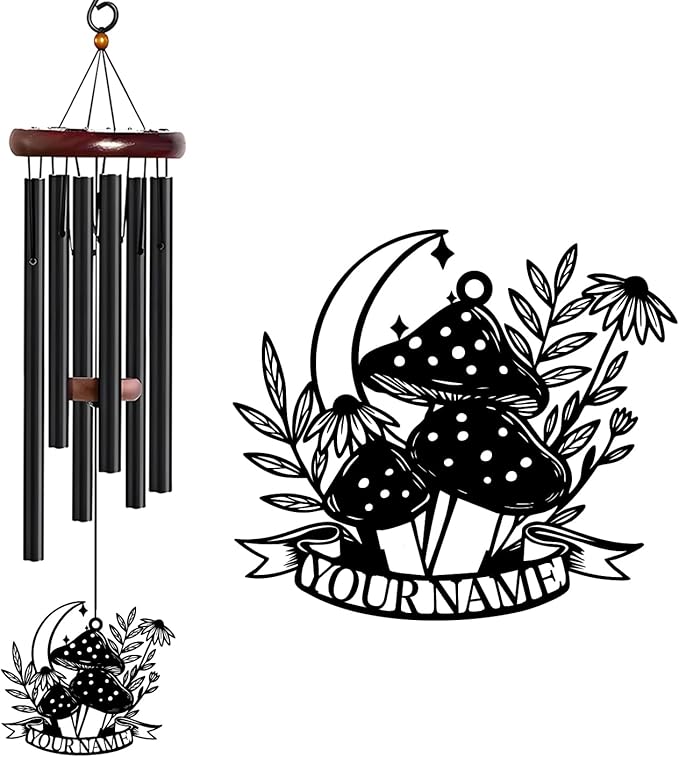 Personalized Customize Name Fantasy Mushroom Wonderland Wind Chime, Metal Iron 37 Inch Outdoor Memorial Gift for Garden Yard Patio Home Decor, Black (Style D)