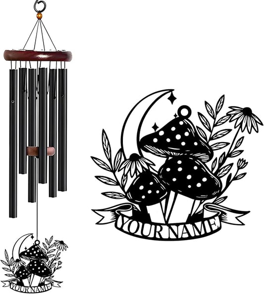 Personalized Customize Name Fantasy Mushroom Wonderland Wind Chime, Metal Iron 37 Inch Outdoor Memorial Gift for Garden Yard Patio Home Decor, Black (Style D)