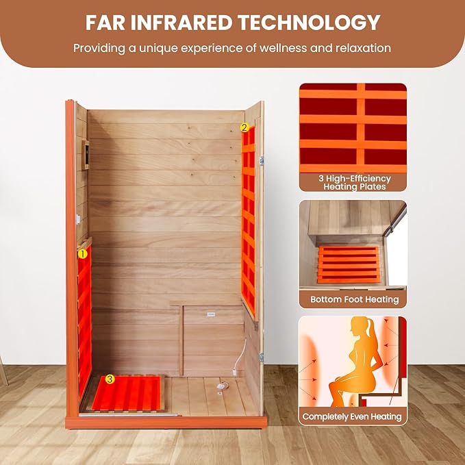 Sauna, Far Infrared Saunas for Home Room 800W/110V Indoor Sauna for Single Person Okoume Wood Sauna with 1 Person Low EMF Dry Sauna with Speakers/Air Hole and LED Color Light - 28.8 * 35.3 * 61.5 in