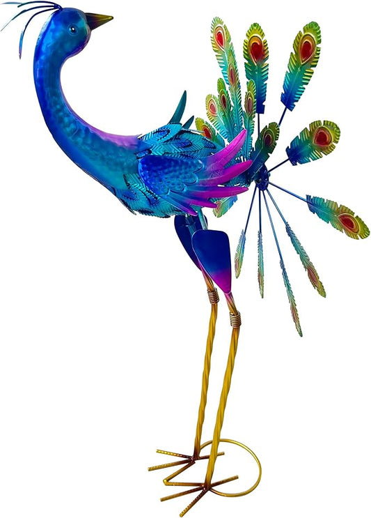 Metal Peacock Garden Statue, 36-Inch Iridescent Blue Purple Outdoor Sculpture, Decorative Lawn Art with Stand