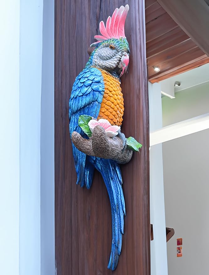 Coolboy Parrot Figurine, Outdoor Resin Bird Decoration, Flapping Macaw Bird Tropical Decor Wall Sculpture, Polyresin, Blue