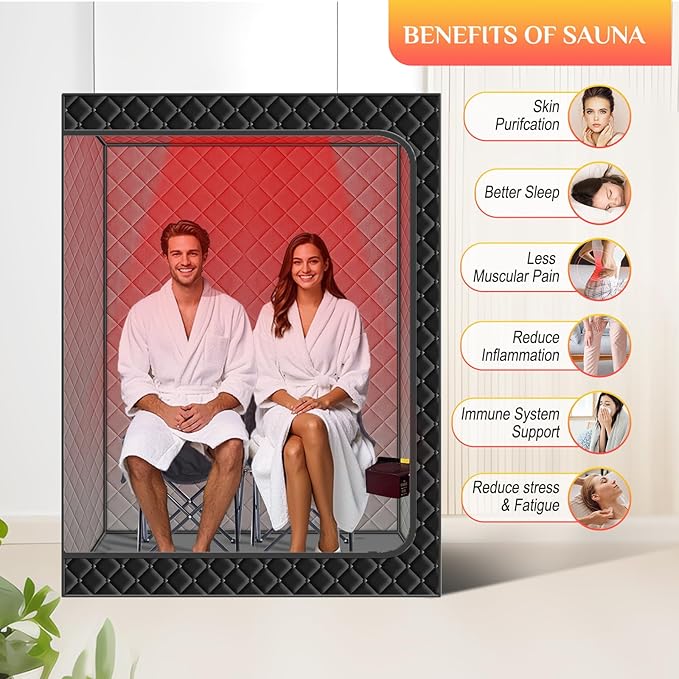 Smartmak 2 Person Portable Sauna Box with Infrared 660nm Red Light Therapy Lamp for Home Relaxation, Large Full Body Sauna Tent, 185°F1500W High Power Hot Air Heating Saunas Spa Pod, 2 Folding Chairs