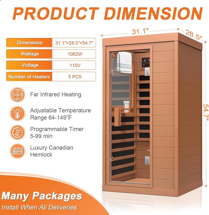 Far Infrared Sauna, Canadian Hemlock Wood Sauna Spa Room for Indoor,1062W 110V Low EMF Saunas with Control Panel and Integrated Speakers, Mini Home Sauna Room for One Person (Red Wood)