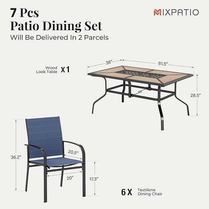 Outdoor Patio Dining Set 7 Piece Furniture Set with 6 Blue Textilene Chairs and Wood-Like Table Top Rectangular Table for Deck Garden Backyard Lawn Poolside