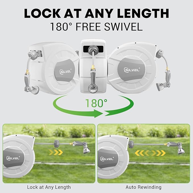 SILVEL 1/2 in x 130 FT Retractable Garden Hose Reel, Upgraded UV Resistant Heavy Duty Automatic Hose Reel Wall Mount with 10 Pattern Nozzle, Any Length Lock & Slow Return System, 180°Swivel Bracket
