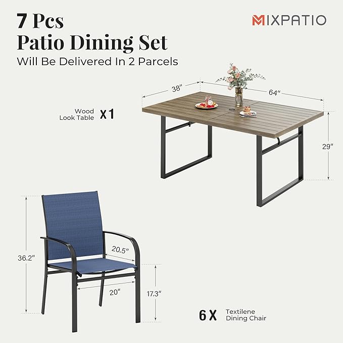 7-Piece Outdoor Dining Set 6 Blue Textilene Chairs and Steel Tabletop with Wood Grain Rectangle Table for Deck Garden Backyard Lawn Poolside
