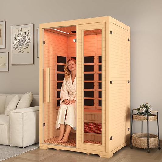 2 Person Infrared Sauna, Full Spectrum Sauna for Home, Indoor Dry Saunas with 5 Carbon Panels and 1 Carbon Tube, Oxygen Bar and 7 Color Light Strips, Canadian Hemlock,110V