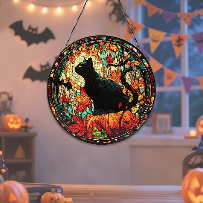 Stained Glass Window Hanging, Halloween Decorations Black Cat Maple Leaf Suncatcher for Doors Garden Indoor Funny Spooky Sun Catchers Gothic Decor for Women, Men, and Mom 8 in