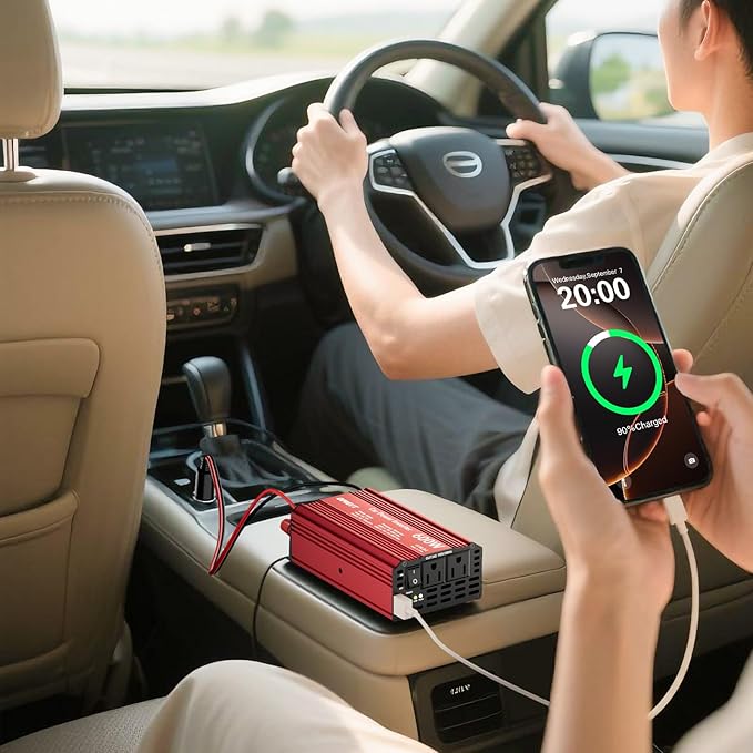 600W Car Power Inverter, 12V DC to 110V AC Converter with 2 AC Outlets, 45W PD USB-C & 20W QC3.0 USB-A Fast Charging Ports, Car Plug Adapter for Laptop, Phone, Road Trip