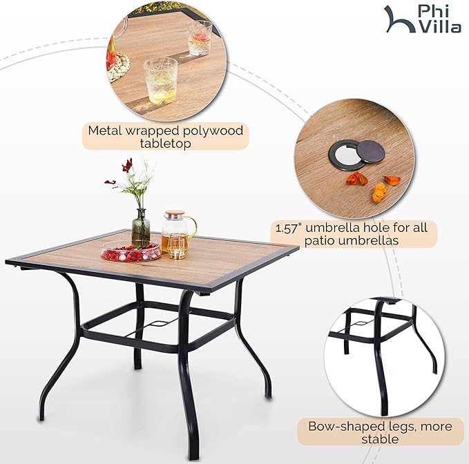 PHI VILLA 5 Piece Outdoor Dining Set with Umbrella for 4, 37" Square Metal Wood-top Table & Wicker Rattan Chairs with Cushions & 10ft Red Umbrella, Dining Furniture for Patio, Deck, Backyard, Porch