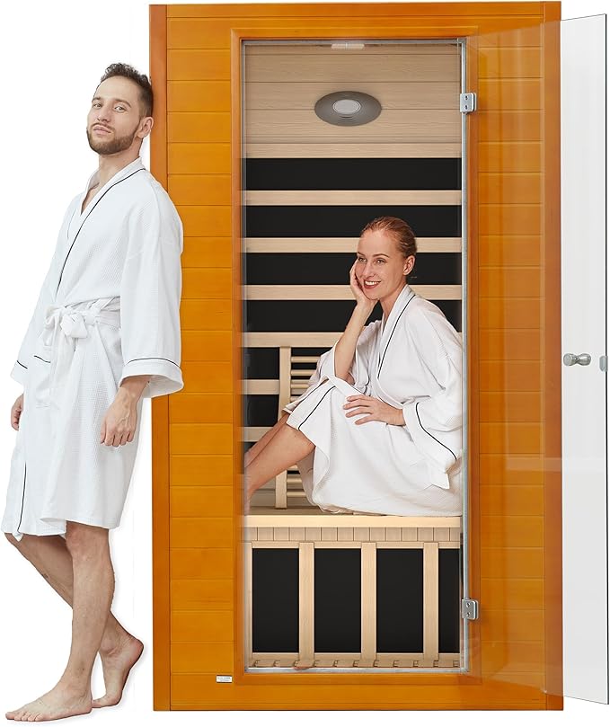 springspa Far Infrared Sauna for Home, Home Infrared Saunas up to 2 Person, Indoor Canadian Hemlock Wood Sauna Room with Near Zero Emf, 9 Chromo Therapy Lights, Bluetooth Speakers for Personal Spa
