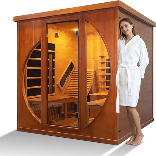 Infrared 2 Person Sauna with Recliner, Red Cedar Luxury Indoor Home Spa with 9 Heating Panels, 3400W, Oxygen Bar, Control Panel, Bluetooth Speaker, Full Spectrum Wood Dry Heat Sauna, 220V