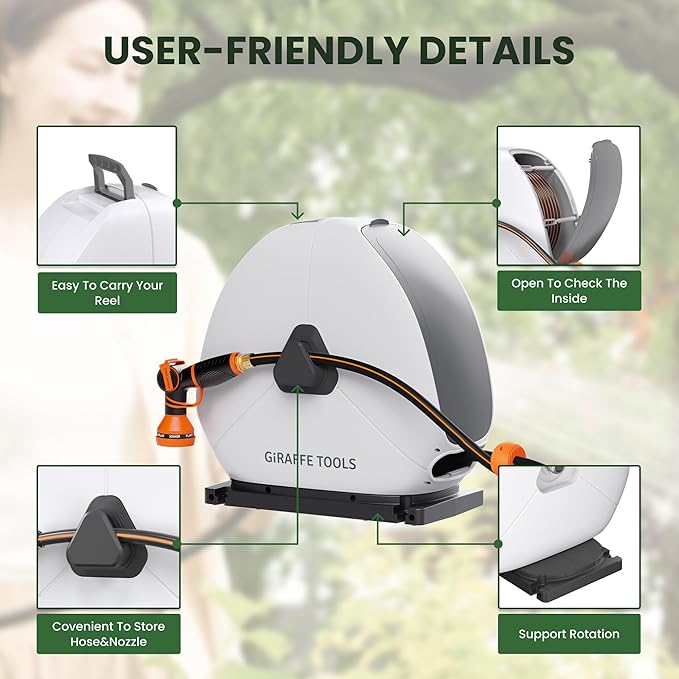 Giraffe Tools Retractable Hose Reel with 1/2 Inch x 100FT, Heavy Duty Ground Mount Garden Hose Reel, Automatic Rewind,with 9-Function Sprayer Nozzle & Flexible Swivel Base