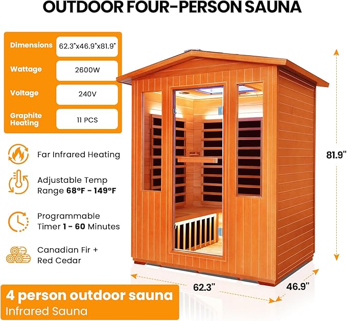 4 Person Outdoor Sauna Far Infrared Saunas Dry Sauna Room Wood Wooden Sauna Outdoor and Red Cedar Low EMF 2600W/240V with Oxygen Bar, 7 Color Light, Control Panel, Speaker - 62.2 * 46.9 * 81.9 in