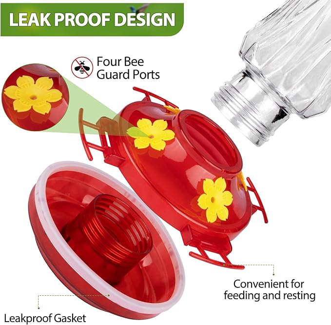 BOLITE Glass Hummingbird Feeders for Outdoors Hanging, Built-in Ant Moat, 4 Bee Guard Feeding Ports with Perches, Leak Proof, 15 Ounces, Stars Decor, Red, Gifts for Women Men, Gifts for Mom Dad