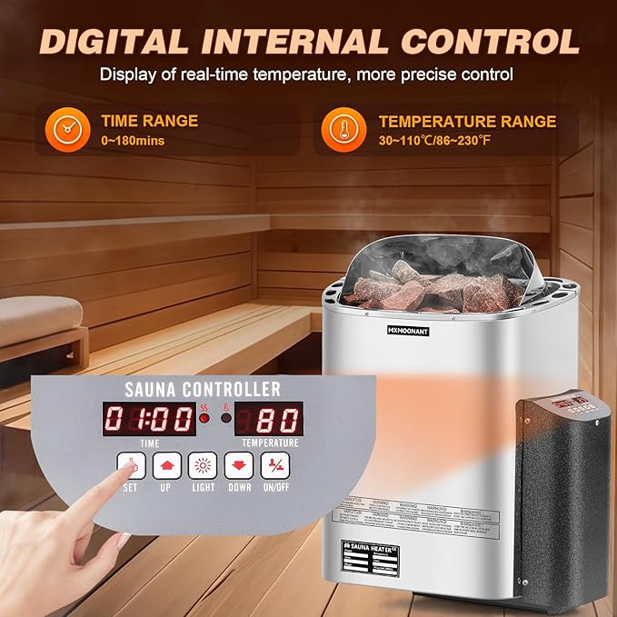 Mxmoonant Sauna Heater, 9KW 220V Electric Sauna Heaters Digital Control Sauna Stove Dry Steam Sauna Bath for Home Hotel Spa Max. 425 Cu.ft with Sauna Hygrothermograph