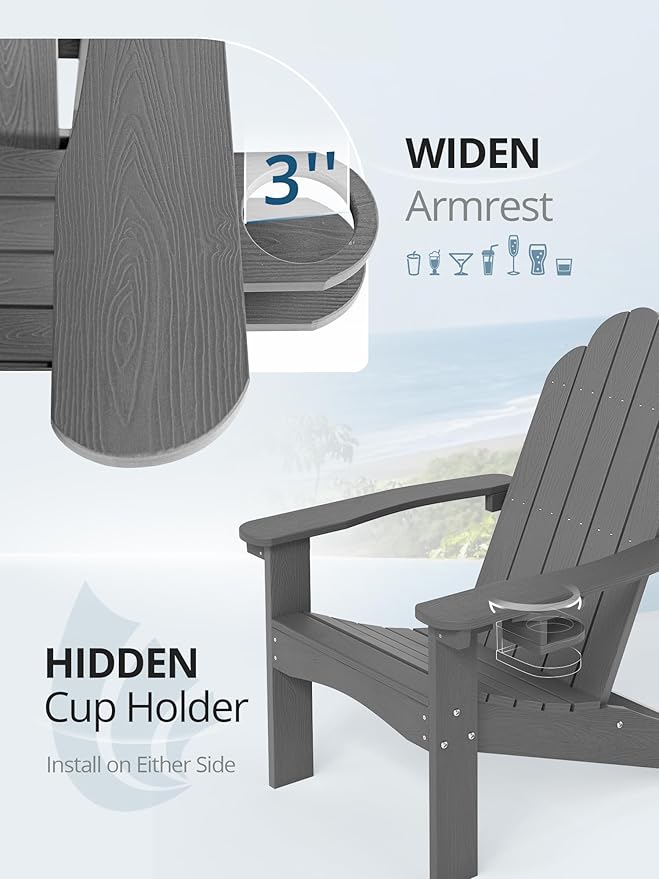 LUE BONA HDPE Adirondack Chairs Set of 2,Plastic Adirondack Chairs with Cup Holder Weather Resistant for Outdoor, Patio, Lawn, Garden, Backyard Deck, Fire Pit, Dark Gray