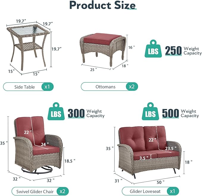 6 Piece Patio Furniture Set - Wicker Patio Conversation Set with Swivel Glider, Glider Loveseat, Tempered Glass Side Table and 2 Ottomans for Deck Backyard - Grey Wicker Red Cushion