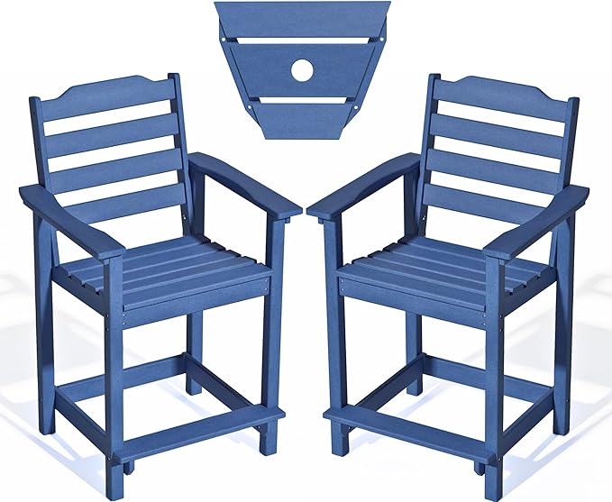 OTSUN Tall Adirondack Chairs Set of 2 with Connecting Tray, 24 inches HDPE Bar Height Outdoor Chairs, All Weather Resistant for Balcony, Porch, Kitchen (2 PC, Navy Blue)