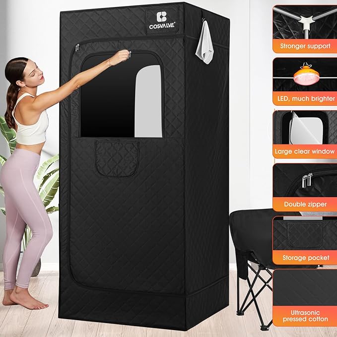 COSVALVE Portable Steam Sauna Box with Red Light for Home with 1600W 4L Steamer, Comfort Folding Chair, Indoor at Home Sauna Tent, Personal Steam Room for Relaxation, 2.9' x 2.9' x 5.9', Black