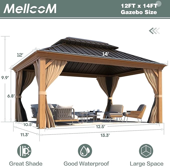 MELLCOM 12' x 14' Hardtop Gazebo, Wooden Finish Coated Aluminum Frame Gazebo with Galvanized Steel Double Roof, Outdoor Permanent Metal Pavilion with Curtains and Nettings for Patio, Lawn & Garden